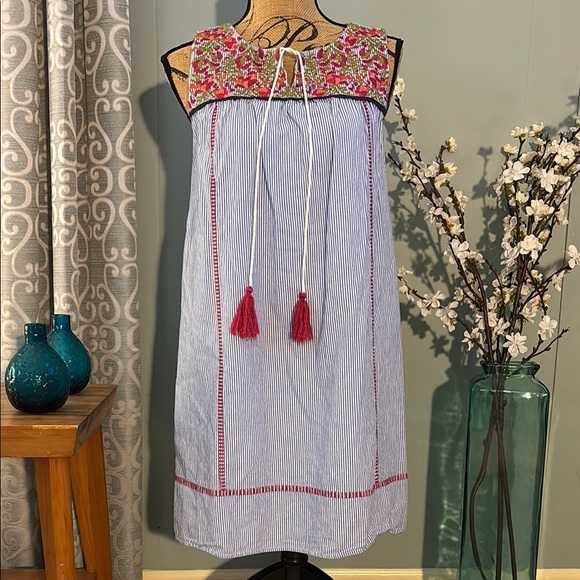 THML Dresses & Skirts - THML Boho Embroidered Railroad Stripe Tank Shift Dress